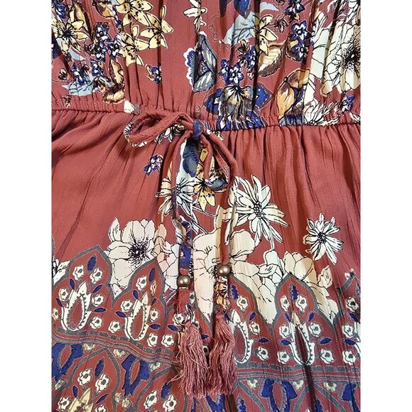 Angie Rust Floral Print Off-Shoulder Romper With Bell Sleeves & Waist Tie Size M - Picture 15 of 15